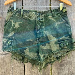 FREE PEOPLE Camo Denim Cargo Shorts